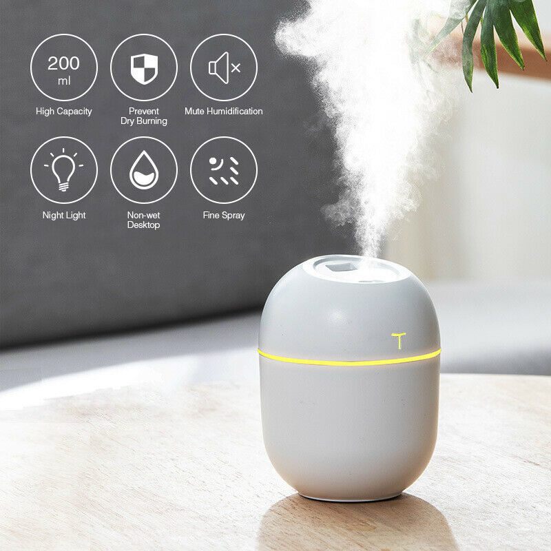 Air Humidifier Mini Ultrasonic USB Essential Oil Diffuser, Car Purifier, Aromatherapy Ionizer Mist Maker with LED Night Light for Home and Car