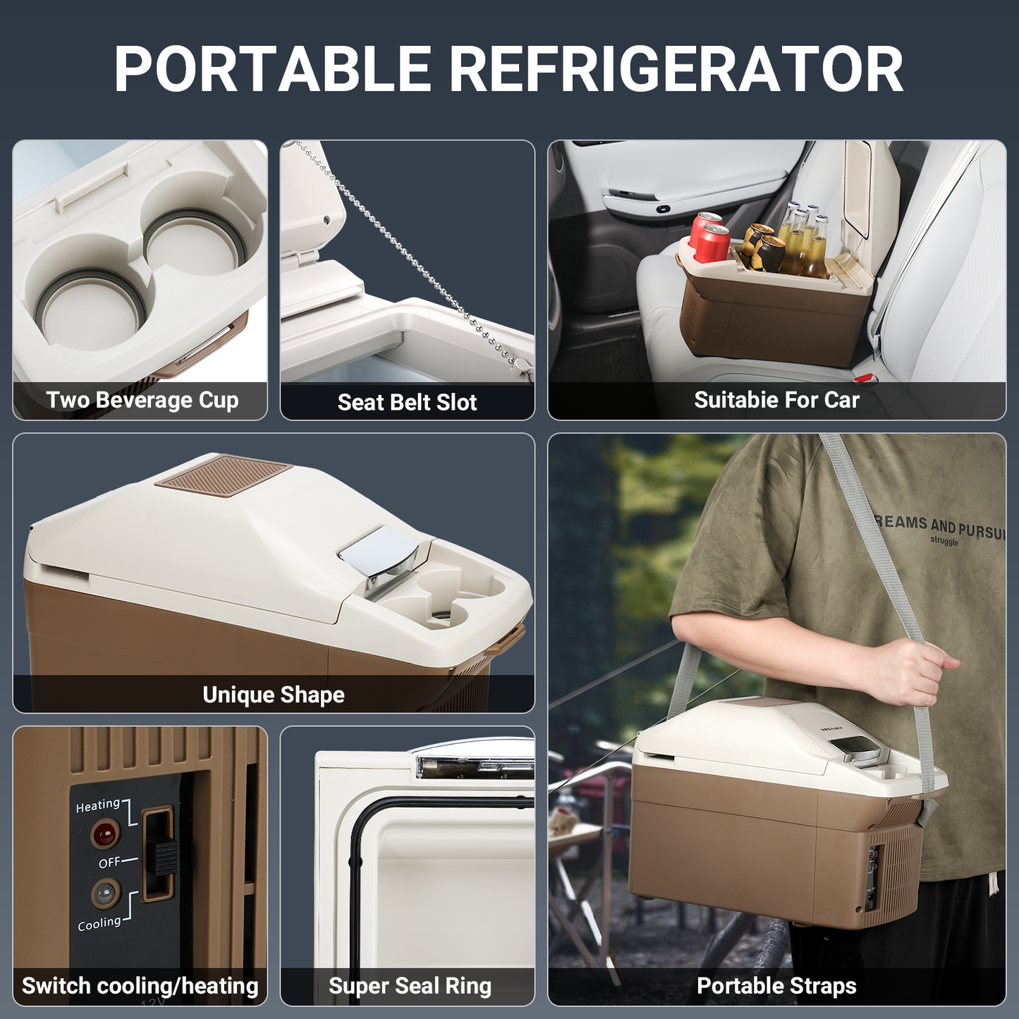 JOYFRIGO Portable 12V Car Fridge Cooler/Warmer - 8 Quart (9L)Brown